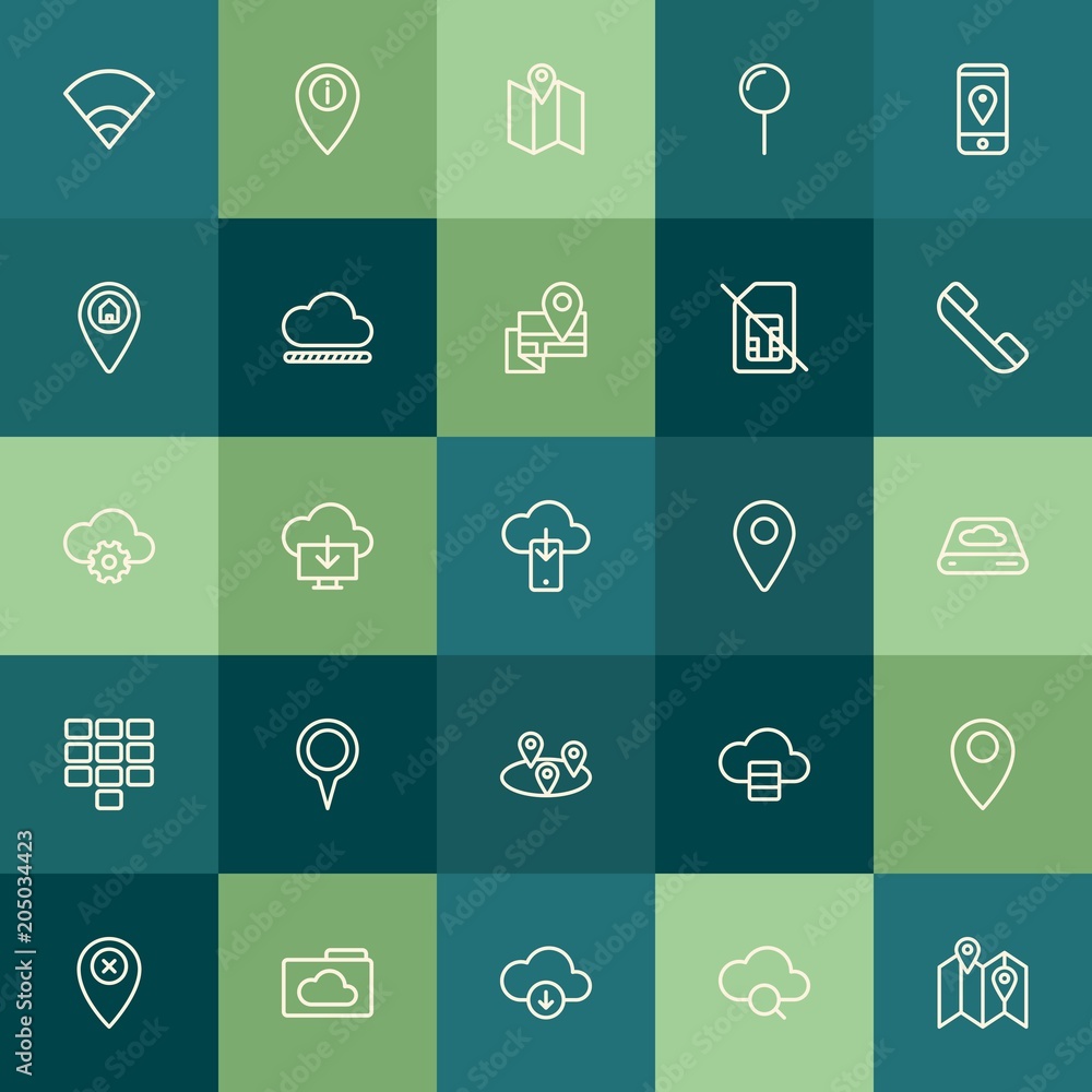 Poster modern simple set of location, cloud and networking, mobile vector outline icons. contains such icon