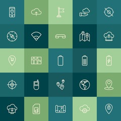 Modern Simple Set of location, cloud and networking, mobile Vector outline Icons. Contains such Icons as  town, route,  cloud, sea,  map and more on green background. Fully Editable. Pixel Perfect.