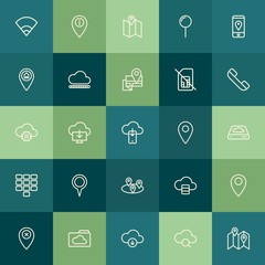 Modern Simple Set of location, cloud and networking, mobile Vector outline Icons. Contains such Icons as wireless,  pointer,  technology and more on green background. Fully Editable. Pixel Perfect.