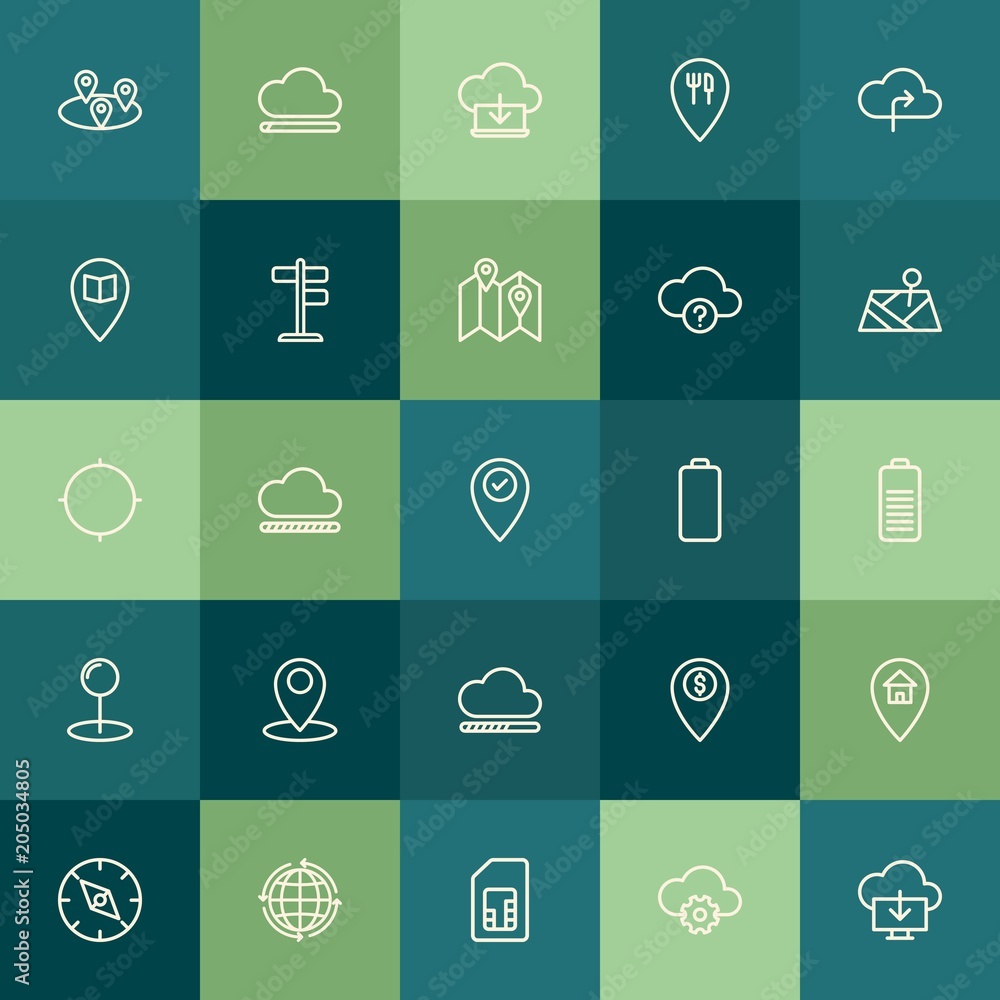 Poster modern simple set of location, cloud and networking, mobile vector outline icons. contains such icon