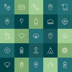 Modern Simple Set of location, cloud and networking, mobile Vector outline Icons. Contains such Icons as  mobile,  connection,  sky,  tent and more on green background. Fully Editable. Pixel Perfect.
