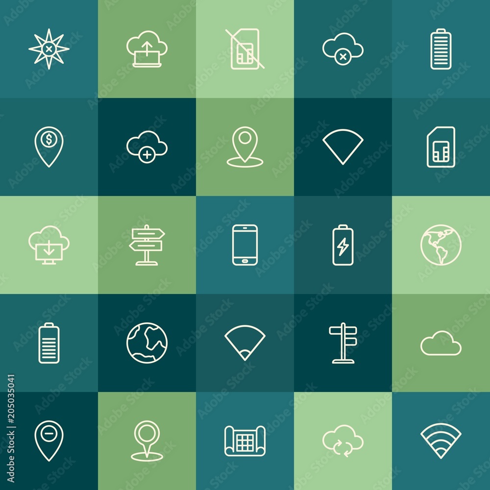Poster modern simple set of location, cloud and networking, mobile vector outline icons. contains such icon
