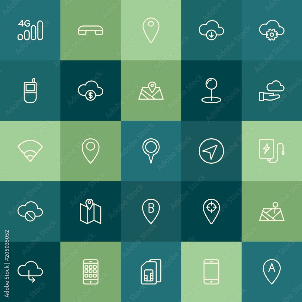 Poster modern simple set of location, cloud and networking, mobile vector outline icons. contains such icon