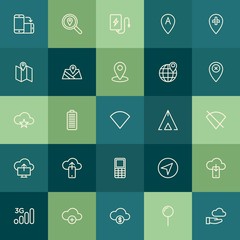 Modern Simple Set of location, cloud and networking, mobile Vector outline Icons. Contains such Icons as  wealth,  3g,  full,  north, phone and more on green background. Fully Editable. Pixel Perfect.