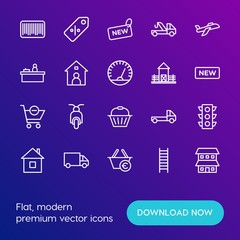 Modern Simple Set of transports, shopping, buildings Vector outline Icons. Contains such Icons as  man,  building,  bike, handle,  tag and more on gradient background. Fully Editable. Pixel Perfect.