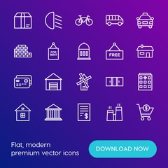 Modern Simple Set of transports, shopping, buildings Vector outline Icons. Contains such Icons as public,  bright,  medical,  car, light and more on gradient background. Fully Editable. Pixel Perfect.