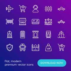 Modern Simple Set of transports, shopping, buildings Vector outline Icons. Contains such Icons as new,  boat,  urban, islam,  mosque,  and more on gradient background. Fully Editable. Pixel Perfect.