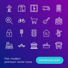 Modern Simple Set of transports, shopping, buildings Vector outline Icons. Contains such Icons as  house,  road,  sky, cashier, mill and more on gradient background. Fully Editable. Pixel Perfect.