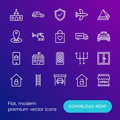 Modern Simple Set of transports, shopping, buildings Vector outline Icons. Contains such Icons as change, garage,  airplane, shop,  auto and more on gradient background. Fully Editable. Pixel Perfect.