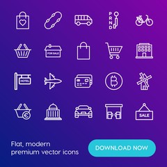 Modern Simple Set of transports, shopping, buildings Vector outline Icons. Contains such Icons as  vehicle,  wind, skateboard,  gift and more on gradient background. Fully Editable. Pixel Perfect.