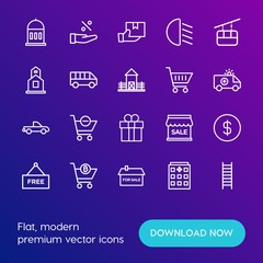 Modern Simple Set of transports, shopping, buildings Vector outline Icons. Contains such Icons as  cart,  safety, dollar, hospital, mail and more on gradient background. Fully Editable. Pixel Perfect.