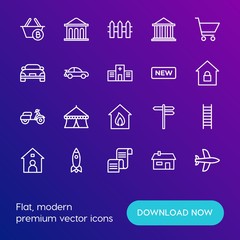 Modern Simple Set of transports, shopping, buildings Vector outline Icons. Contains such Icons as  estate, aircraft,  spaceship,  launch and more on gradient background. Fully Editable. Pixel Perfect.