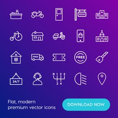 Modern Simple Set of transports, shopping, buildings Vector outline Icons. Contains such Icons as sign,  information, light,  shipping and more on gradient background. Fully Editable. Pixel Perfect.