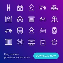 Modern Simple Set of transports, shopping, buildings Vector outline Icons. Contains such Icons as  metro,  jail,  construction, button and more on gradient background. Fully Editable. Pixel Perfect.