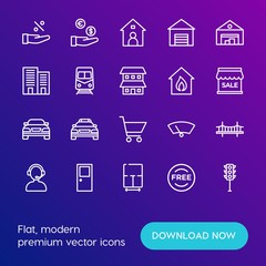 Modern Simple Set of transports, shopping, buildings Vector outline Icons. Contains such Icons as  house, plan,  help,  safety, house and more on gradient background. Fully Editable. Pixel Perfect.