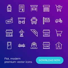 Modern Simple Set of transports, shopping, buildings Vector outline Icons. Contains such Icons as  street,  ocean, lighthouse,  ship and more on gradient background. Fully Editable. Pixel Perfect.
