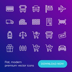 Modern Simple Set of transports, shopping, buildings Vector outline Icons. Contains such Icons as  box,  plane,  transport,  buy,  sign and more on gradient background. Fully Editable. Pixel Perfect.