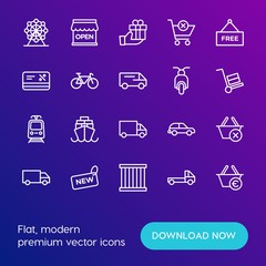 Modern Simple Set of transports, shopping, buildings Vector outline Icons. Contains such Icons as  car,  hatchback,  cargo,  tanker, car and more on gradient background. Fully Editable. Pixel Perfect.