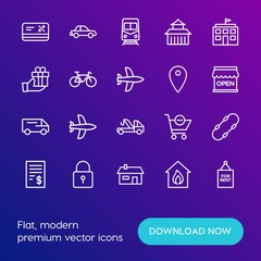 Modern Simple Set of transports, shopping, buildings Vector outline Icons. Contains such Icons as  door,  vehicle,  shop,  board, car and more on gradient background. Fully Editable. Pixel Perfect.