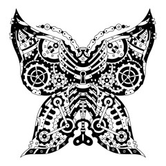 Steampunk Mechanical black and white butterfly on white. Design elements label, emblem, poster, t-shirt. Vector illustration