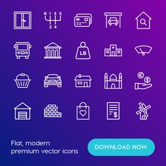 Modern Simple Set of transports, shopping, buildings Vector outline Icons. Contains such Icons as  energy,  mosque,  cheque,  check, car and more on gradient background. Fully Editable. Pixel Perfect.
