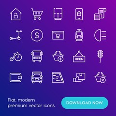 Modern Simple Set of transports, shopping, buildings Vector outline Icons. Contains such Icons as house,  money, water,  purse,  door and more on gradient background. Fully Editable. Pixel Perfect.