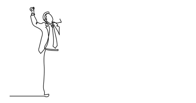 Self drawing animation of continuous line drawing of cheering businessman holding fists