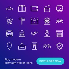Modern Simple Set of transports, shopping, buildings Vector outline Icons. Contains such Icons as  god,  cargo,  bike,  check,  water and more on gradient background. Fully Editable. Pixel Perfect.