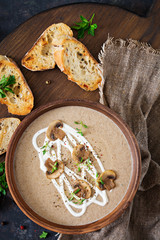 Mushroom cream soup. Vegan food. Dietary menu. Top view. Flat lat.