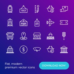 Modern Simple Set of transports, shopping, buildings Vector outline Icons. Contains such Icons as  currency, label,  green,  location and more on gradient background. Fully Editable. Pixel Perfect.
