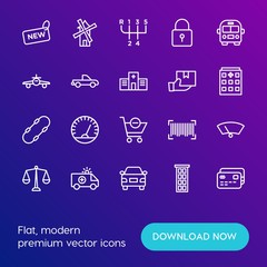 Modern Simple Set of transports, shopping, buildings Vector outline Icons. Contains such Icons as  architecture,  money,  credit, mill and more on gradient background. Fully Editable. Pixel Perfect.