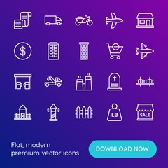 Modern Simple Set of transports, shopping, buildings Vector outline Icons. Contains such Icons as  weight,  background,  airplane,  sale and more on gradient background. Fully Editable. Pixel Perfect.