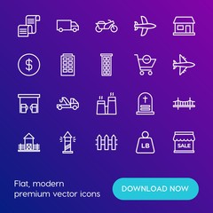 Modern Simple Set of transports, shopping, buildings Vector outline Icons. Contains such Icons as  weight,  background,  airplane,  sale and more on gradient background. Fully Editable. Pixel Perfect.