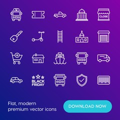 Modern Simple Set of transports, shopping, buildings Vector outline Icons. Contains such Icons as voucher,  transportation,  lock, , car and more on gradient background. Fully Editable. Pixel Perfect.