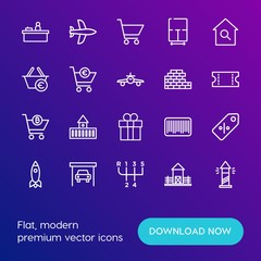 Modern Simple Set of transports, shopping, buildings Vector outline Icons. Contains such Icons as cash,  mechanic,  tag,  auto,  price and more on gradient background. Fully Editable. Pixel Perfect.