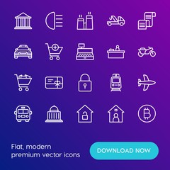 Modern Simple Set of transports, shopping, buildings Vector outline Icons. Contains such Icons as  transport,  discount,  front,  energy and more on gradient background. Fully Editable. Pixel Perfect.