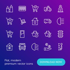Modern Simple Set of transports, shopping, buildings Vector outline Icons. Contains such Icons as  building,  speed, entrance,  house and more on gradient background. Fully Editable. Pixel Perfect.