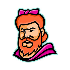 Mascot icon illustration of head of a bearded lady or bearded woman,  a woman with a visible beard that is featured as a circus curiosity viewed from front on isolated background in retro style.