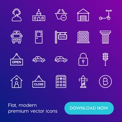 Modern Simple Set of transports, shopping, buildings Vector outline Icons. Contains such Icons as garage,  vehicle,  god,  cart,  safety and more on gradient background. Fully Editable. Pixel Perfect.