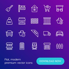 Modern Simple Set of transports, shopping, buildings Vector outline Icons. Contains such Icons as  architecture,  train,  basket,  sign and more on gradient background. Fully Editable. Pixel Perfect.