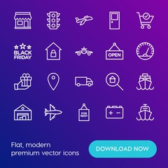 Modern Simple Set of transports, shopping, buildings Vector outline Icons. Contains such Icons as  stop,  battery,  vessel, house, rent and more on gradient background. Fully Editable. Pixel Perfect.