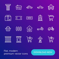 Modern Simple Set of transports, shopping, buildings Vector outline Icons. Contains such Icons as  car, car, delivery,  cargo,  speed and more on gradient background. Fully Editable. Pixel Perfect.