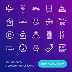 Modern Simple Set of transports, shopping, buildings Vector outline Icons. Contains such Icons as  apartment,  hatchback,  speed,  plane and more on gradient background. Fully Editable. Pixel Perfect.