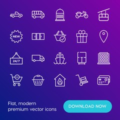Modern Simple Set of transports, shopping, buildings Vector outline Icons. Contains such Icons as  home,  biker,  fire,  delivery,  card and more on gradient background. Fully Editable. Pixel Perfect.