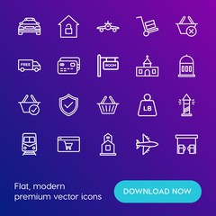 Modern Simple Set of transports, shopping, buildings Vector outline Icons. Contains such Icons as  pound,  god,  post, pump,  religion and more on gradient background. Fully Editable. Pixel Perfect.