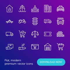 Fototapeta na wymiar Modern Simple Set of transports, shopping, buildings Vector outline Icons. Contains such Icons as sale, delivery, full, vessel, god and more on gradient background. Fully Editable. Pixel Perfect.