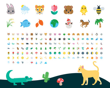 All type of nature, animals, wild world, life, plants, flora, fauna, zoo, weather, planet symbols, emojis, emoticons, stickers, flat vector illustrations, icons, cartoon, characters set, collection