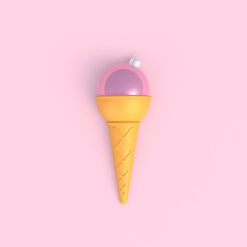 Christmas ball in ice cream cone abstract minimal pink background, Christmas concept, 3d rendering