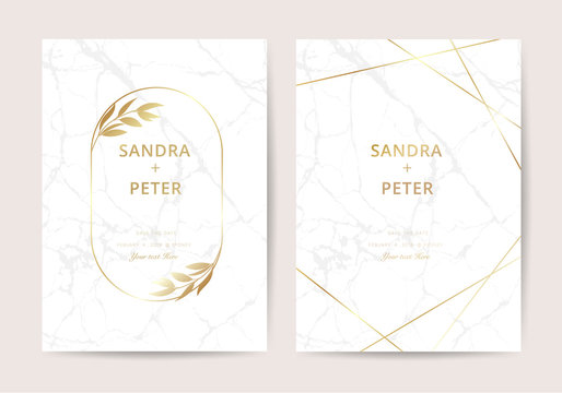 Luxury wedding invitation cards with gold marble and floral decoration texture geometric pattern vector design template