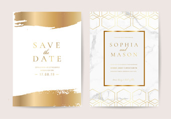 Luxury wedding invitation cards with gold marble texture and geometric pattern vector design template
